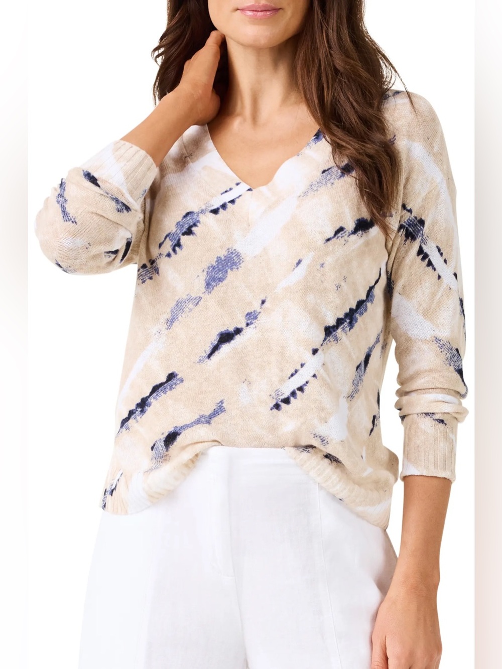 Nic + Zoe - V-Neck Lightweight Knit Sweater - Cream, Navy & Black Pattern